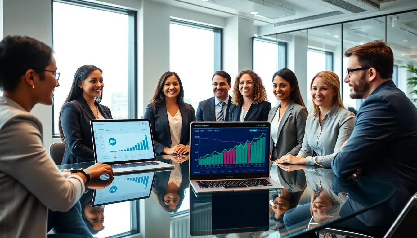 diverse team discussing data management in a modern office.